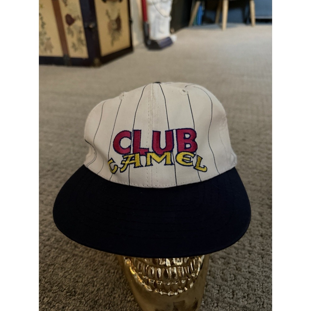 Vintage Club Camel Hat Cap Snap Back White Blue Pinstripe Embroidered Mens 90s